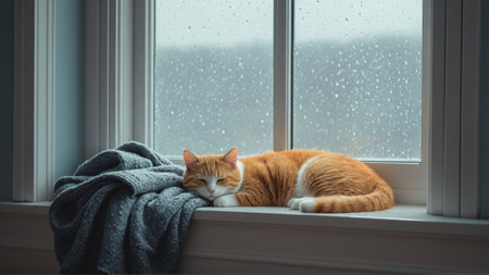 Pastel illustration of cat curled up by window.の素材