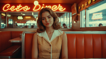 Vintage portrait of woman in retro diner booth.の素材