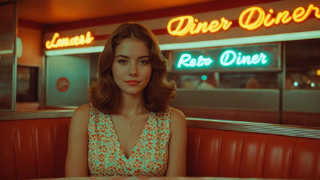 Vintage portrait of woman in retro diner booth.の素材