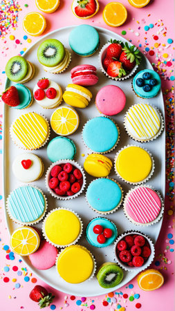 Overhead Shot of a Colorful Dessert Table with Cupcakes, Macarons, and Fruit Tartsの素材