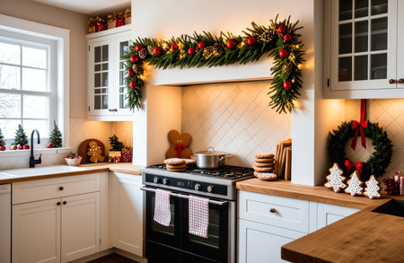 Rustic Christmas kitchen with gingerbread cookies baking in the ovenの素材