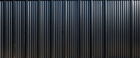 Black Corrugated Metal Texture with Wooden Vertical Panels for Constructionの素材