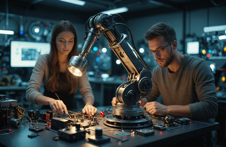 Futuristic workshop with robotic arm building Christmas ornament.の素材