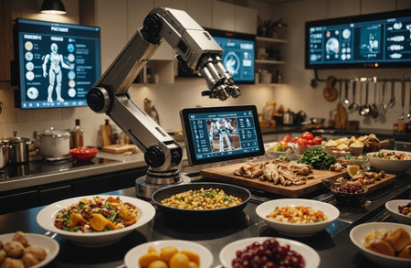 High-tech kitchen with robotic arm preparing Christmas feast.の素材