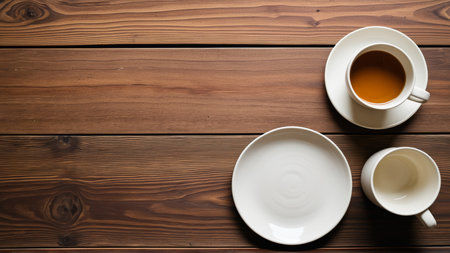 Minimalist ceramic cup and plates on wooden table.の素材
