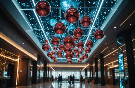 Futuristic lobby with holographic Christmas ornaments and lightsの素材