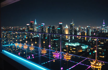 Holographic Christmas lights on futuristic balcony with flying cars.の素材