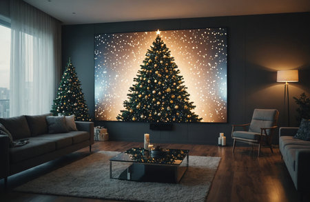 Virtual Christmas tree on digital screen in futuristic living roomの素材