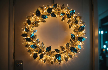 Tech-themed Christmas wreath with metallic leaves and LED lightsの素材