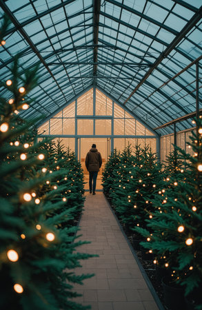 High-tech greenhouse with glowing LED Christmas tree.の素材