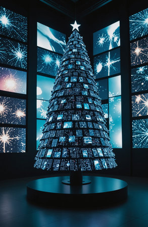 Futuristic Christmas tree made of digital screens.の素材