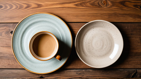Minimalist ceramic cup and plates on wooden table.の素材