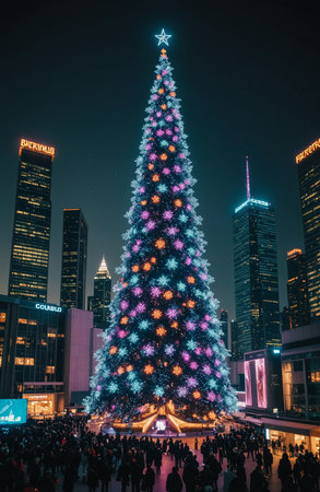 Futuristic cityscape with towering holographic Christmas tree.の素材