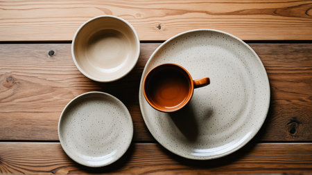 Minimalist ceramic cup and plates on wooden table.の素材