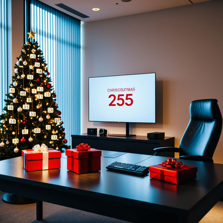 Minimalist office with digital countdown to Christmas.の素材