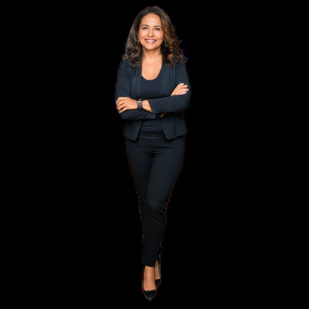 Smiling Hispanic Woman with Crossed Arms Isolated on Transparent Backgroundの素材