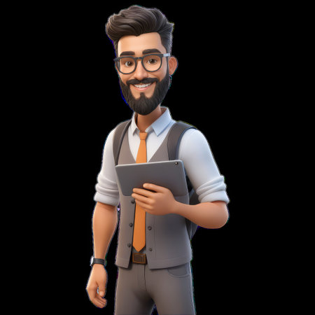 3D Cartoon Hipster Avatar Holding Tablet, Transparentの素材