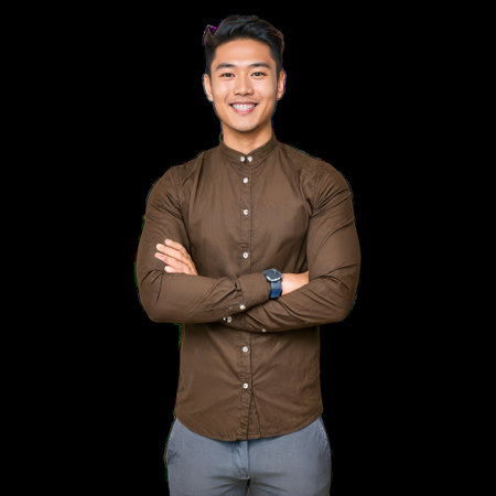 Smiling Asian Businessman with Crossed Arms Isolated on Transparent Backgroundの素材
