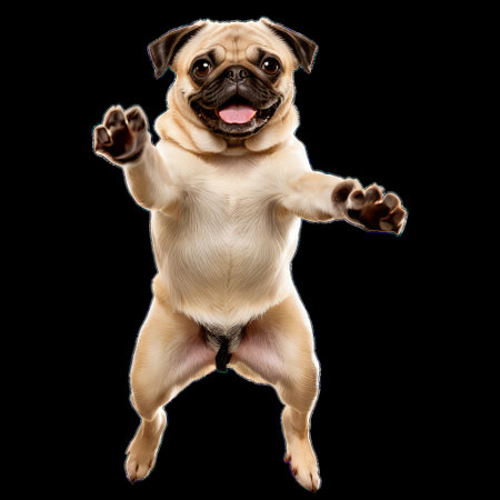 Happy Pug Dog Jumping Isolated on Transparent Background Showing Excitementの素材