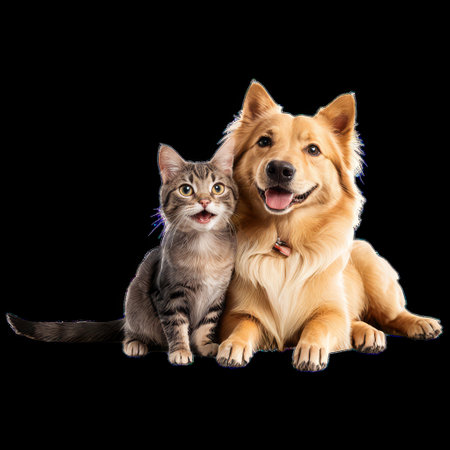 Happy Dog and Cat Together Isolated on Transparent Background Showing Friendshipの素材