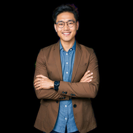 Smiling Asian Businessman with Crossed Arms Isolated on Transparent Backgroundの素材