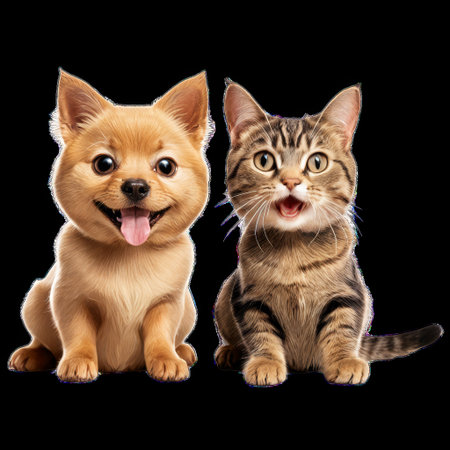 Happy Dog and Cat Together Isolated on Transparent Background Showing Friendshipの素材