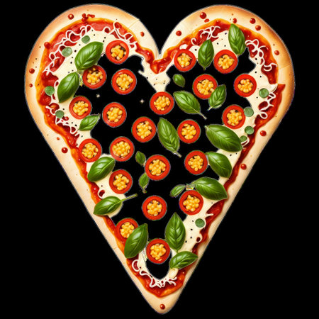 Heart-Shaped Pizza with Cheese, Tomatoes, and Basil Isolated on Transparent Backgroundの素材