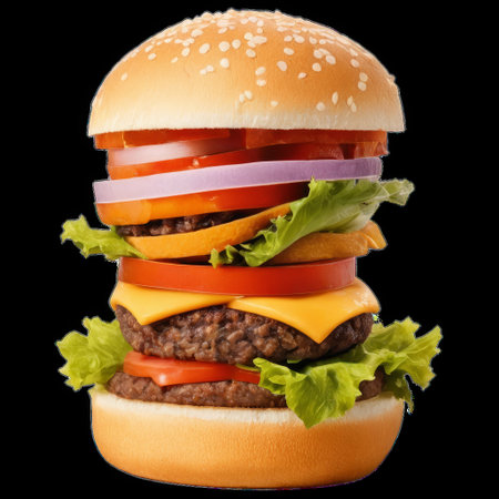 Delicious Burger Ingredients Floating Showcasing Juicy Layers in Airの素材