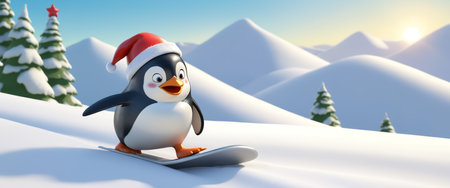 Joyful Cartoon Penguin in Santa Hatの素材