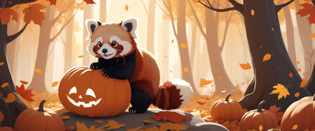 Cute red panda standing on a pumpkin in a fairytale forestの素材
