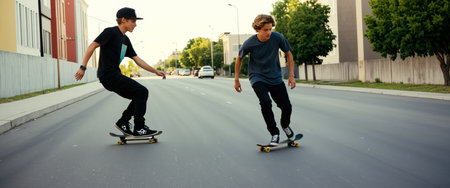 Young Man Skateboarding on Empty Streetの素材