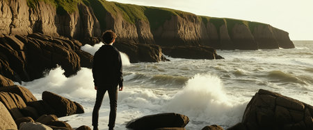 Young Man on Rocky Shoreの素材