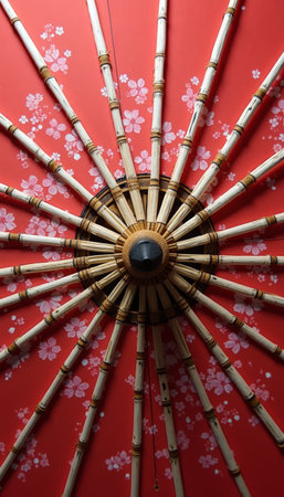 Top view of a beautiful red Japanese umbrella featuring a sakura tree pattern, showcasing traditional design.の素材