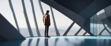Futuristic architecture design with man gazing through modern glass window.の素材