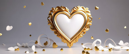 Elegant gold heart frame with floating hearts and swirls on grey background.の素材