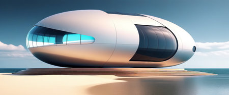 Futuristic beachfront pod: innovative modern architecture by the sea.の素材