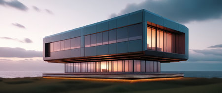 Modern cliffside house with panoramic ocean view at sunset.の素材