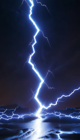 Dramatic lightning strike illuminates dark night sky over water.の素材