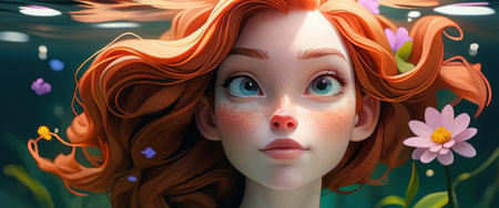 Whimsical underwater portrait of a redhead with floral elements.の素材