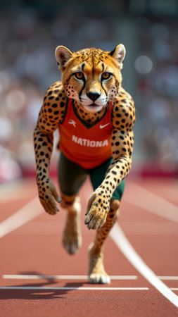 Cheetah in athletic gear sprinting on track in dynamic motion capture.の素材