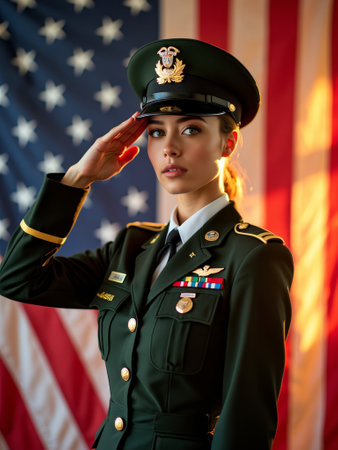 Saluting female soldier in uniform against american flag background.の素材