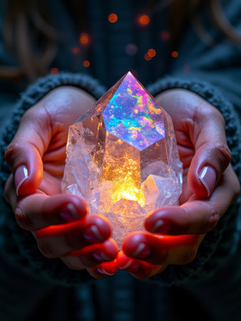 Hands holding a glowing crystal with sparkling magical aura.の素材
