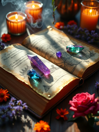 Mystical crystals and vintage book with candlelit ambience.の素材