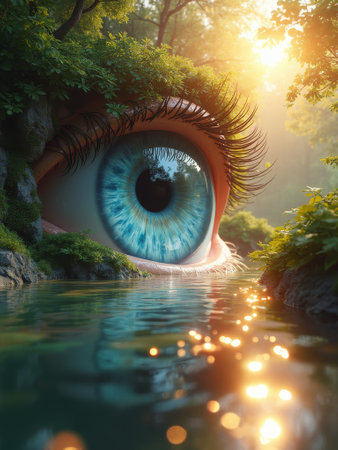 Mystical blue eye overlooks tranquil forest waters at sunrise.の素材