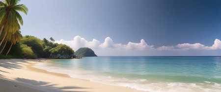 Tranquil tropical beach with palm trees, blue sky, and pristine ocean waters.の素材