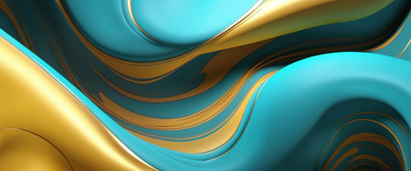 Vibrant teal and gold abstract waves: fluid art design in motion.の素材