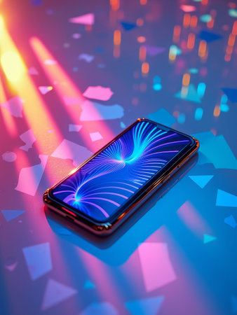 Vibrant smartphone display with abstract neon light patterns.の素材
