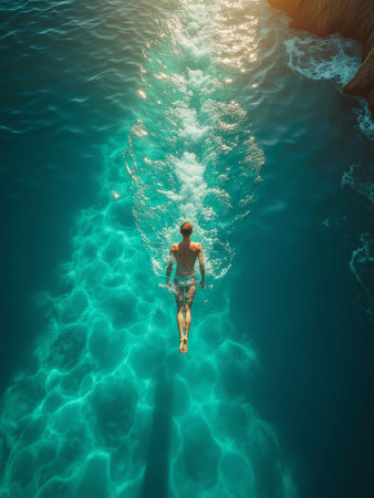 Man swimming in crystal clear ocean with sunlit turquoise waters.の素材