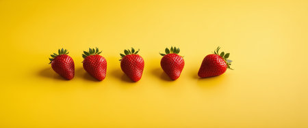 Fresh strawberries on vibrant yellow background: minimalistic fruit arrangement.の素材