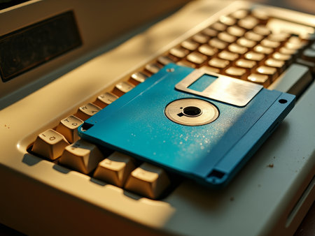 Retro charm of vintage technology: floppy disk on classic typewriter keyboard.